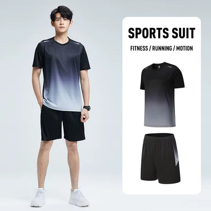 Fitness Clothes Men'S Ice Silk Quick-Dry Sportswear Set Summer Short-Sleeved T-Shirt Morning Running Basketball Training Room Sh